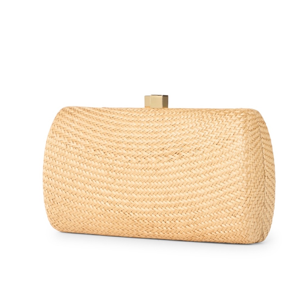 Serpui Woven Raffia Bun Clutch with removable gold chain